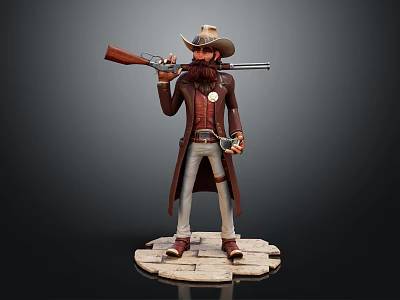 Western Cowboy Character 3D Model With Hat Beard Rifle Pistol Long Coat And Wooden Base 3d model