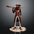 Western Cowboy Character 3D Model With Hat Beard Rifle Pistol Long Coat And Wooden Base