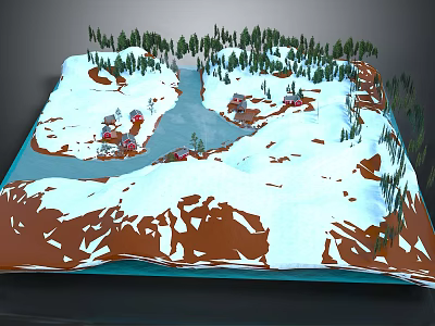 Beautiful Snowy Mountain Natural Scene With Flowing River Green Forest And Small Houses 3d model
