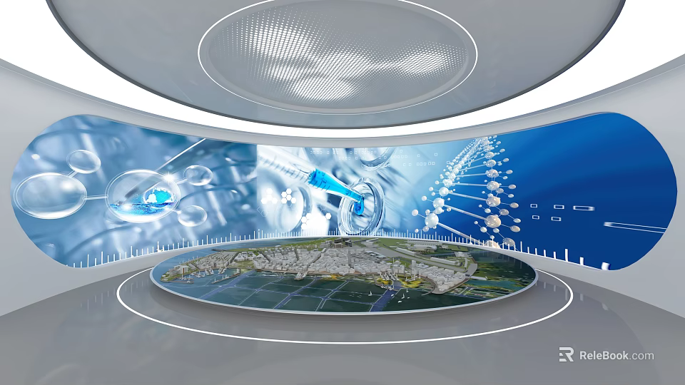Futuristic Technology Display With Circular Platform Earth Model Data Streams And Molecular Structures 3d model 