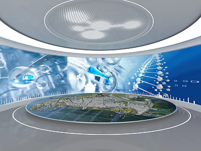 Futuristic Technology Display With Circular Platform Earth Model Data Streams And Molecular Structures 3d model