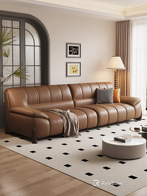 Modern Brown Leather Sofa and Coffee Table Set with Pillows Throw Blanket in Living Room 3d model 