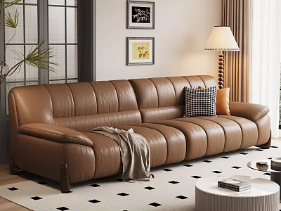 Modern Brown Leather Sofa and Coffee Table Set with Pillows Throw Blanket in Living Room 3d model