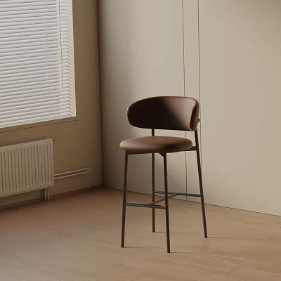Modern Brown Leather Bar Stool In Minimalist Interior With Metal Legs And Curved Back 3d model