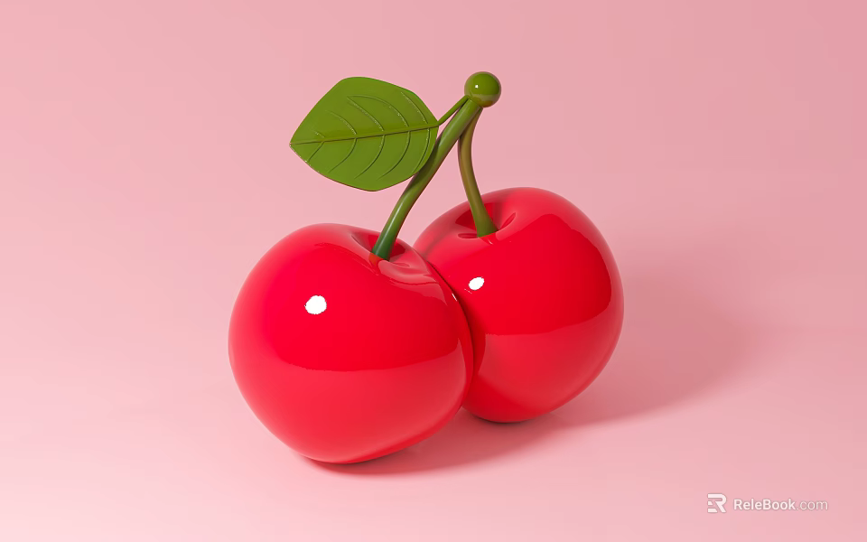 Two Ripe Red Cherries with Fresh Green Leaves on Soft Pink Background 3d model 