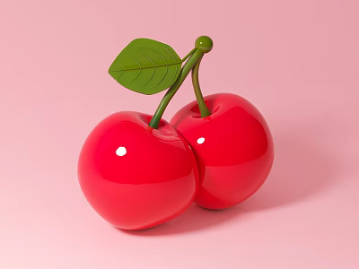 Two Ripe Red Cherries with Fresh Green Leaves on Soft Pink Background 3d model