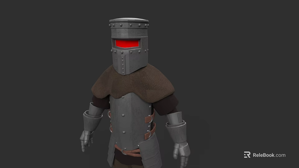 Fantasy Game Character Wearing Metal Armor With Red Eye Helmet And Brown Shoulder Cloth 3d model 