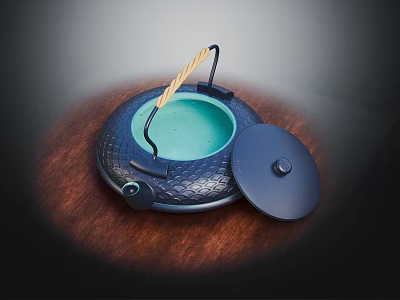 Dark Crocodile Pattern Pot With Green Interior Wooden Handle And Lid On Wooden Tabletop 3d model