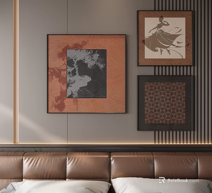 Abstract Painting With Brown Frame On Light Wall Modern Home Interior Decor 3d model 