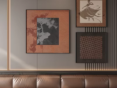 Abstract Painting With Brown Frame On Light Wall Modern Home Interior Decor 3d model