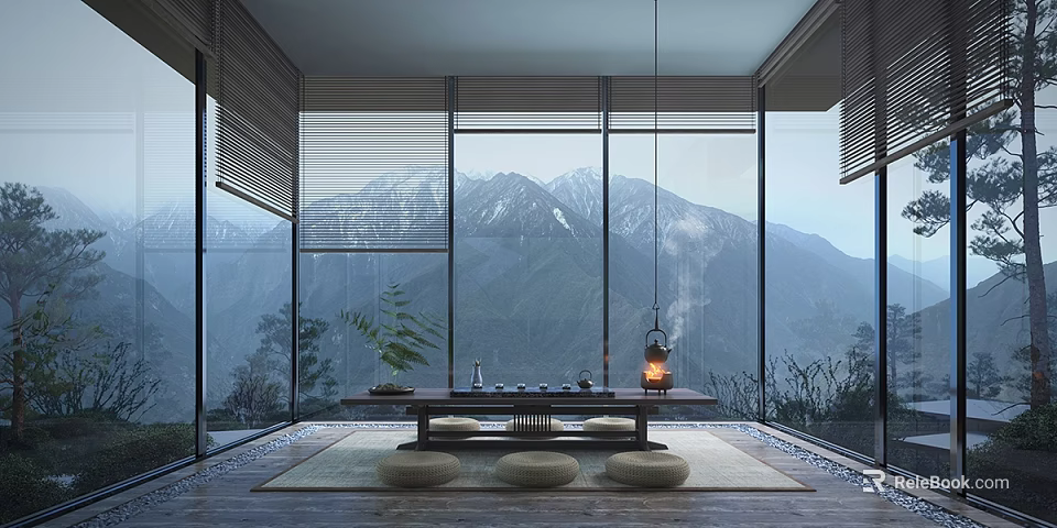 Serene Tea Room With Mountain View Large Windows And Tatami Seating 3d model 