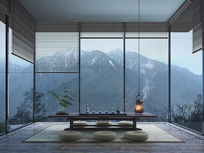 Serene Tea Room With Mountain View Large Windows And Tatami Seating 3d model