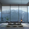 Serene Tea Room With Mountain View Large Windows And Tatami Seating