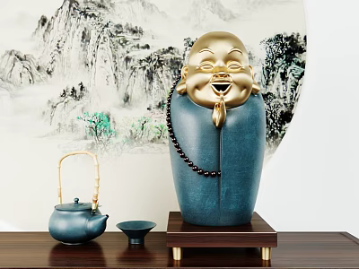 Golden Head Blue Body Buddha Sculpture with Beaded Necklace on Wooden Base and Teapot Cup 3d model