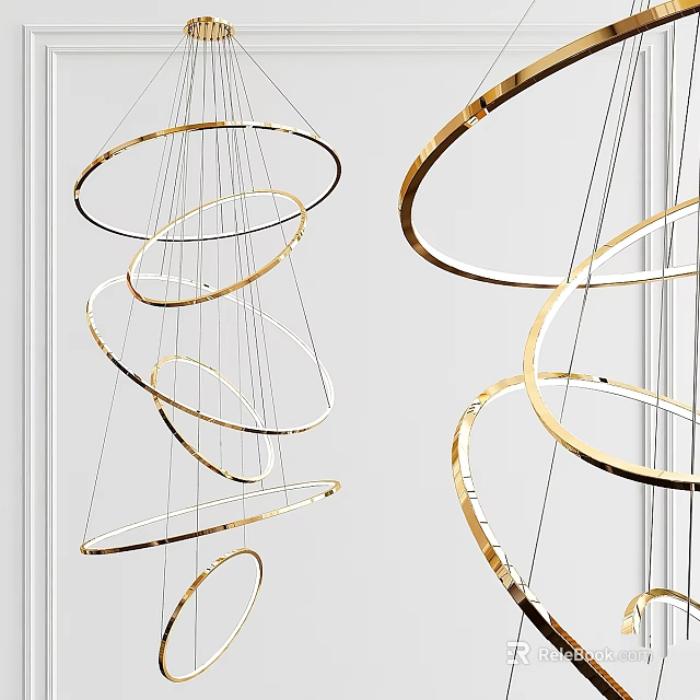 Elegant Modern Chandelier Featuring Multiple Golden Circular Hanging Rings For Interior Decoration 3d model 