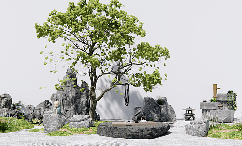 New Chinese style landscape sketch Kushan stone courtyard garden 3d model