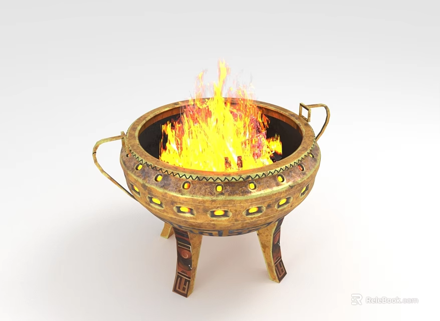Decorative Ornament Set With Flaming Bronze Tripod Cauldron Featuring Three Legs Handles And Golden Accents 3d model 