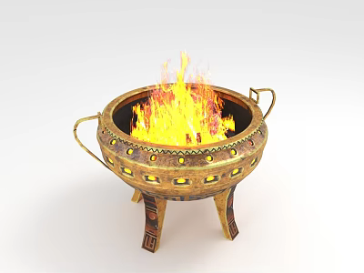 Decorative Ornament Set With Flaming Bronze Tripod Cauldron Featuring Three Legs Handles And Golden Accents 3d model