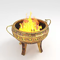 Decorative Ornament Set With Flaming Bronze Tripod Cauldron Featuring Three Legs Handles And Golden Accents