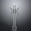 Metal Long Handle Weapon With Crescent Blades Spikes And Symmetrical Design