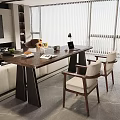 Modern Wooden Desk with Laptop Vase Flowers Magazine Tray and Two Chairs in Living Room