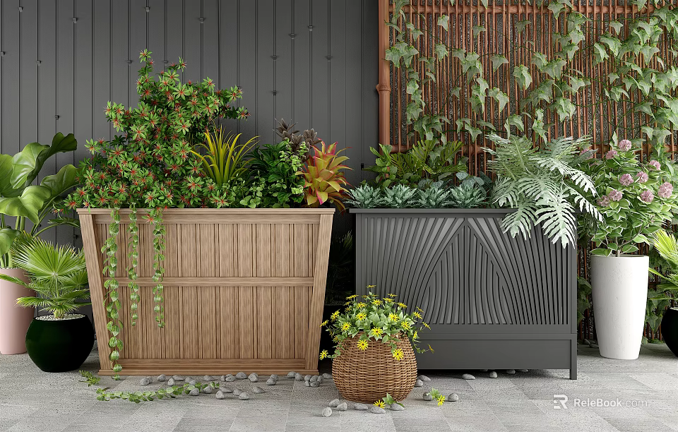 Wooden and Black Garden Planters With Various Green Plants Ferns and Outdoor Bamboo Screen 3d model 