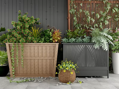 Wooden and Black Garden Planters With Various Green Plants Ferns and Outdoor Bamboo Screen 3d model
