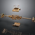 Golden Household Items Components With Assembled Parts And Design Details