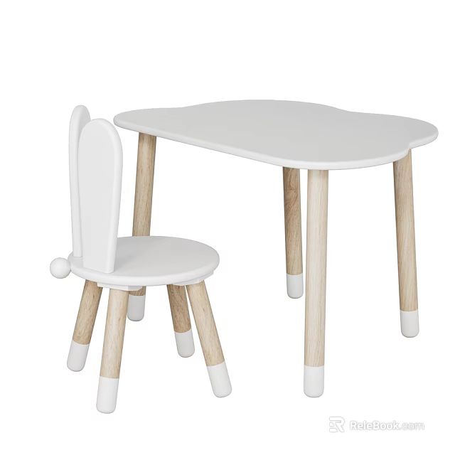 Cute Kids Table and Chair Set With White Rabbit Ear Chair And Wooden Legs 3d model 