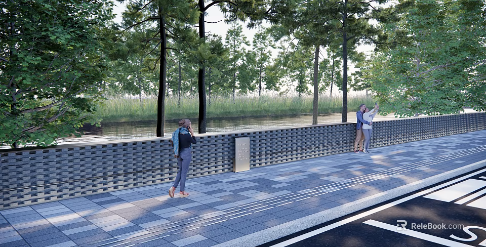 Brick Fence Along Riverside Paved Sidewalk Near Road With Trees And People Walking 3d model 
