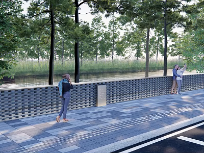 Brick Fence Along Riverside Paved Sidewalk Near Road With Trees And People Walking 3d model