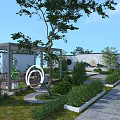 Elegant Garden Landscape Featuring Pavilion Circular Design Trees And Stone Path 3d model