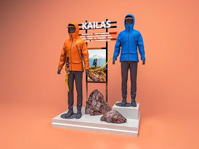 KAILAS Outdoor Clothing Display With Mannequins In Orange And Blue Hooded Jackets And Rock Decorations 3d model