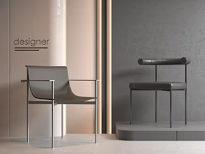 Designer Modern Dining Chairs With Metal Frame And Leather Seat In Neutral Interior 3d model