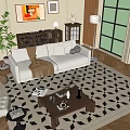 Modern Living Room Cream Sofa Coffee Table Set With Pillows Brown Throw Blanket And Geometric Rug