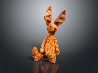 Brown Fluffy Stuffed Rabbit Toy With Long Ears Sitting On Dark Background 3d model
