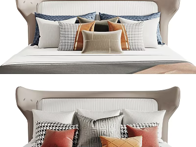 Colorful Pillow Arrangement With Geometric Patterns And Striped Textures For Bedroom Bed 3d model