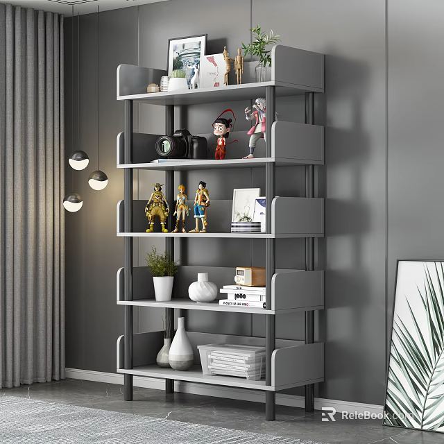 Stylish Gray Multi Tiered Shelving Unit with Figurines Books Potted Plant and Decorative Items 3d model 