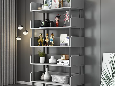 Stylish Gray Multi Tiered Shelving Unit with Figurines Books Potted Plant and Decorative Items 3d model