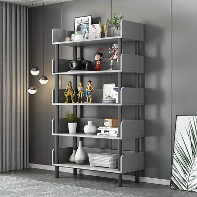 Stylish Gray Multi Tiered Shelving Unit with Figurines Books Potted Plant and Decorative Items 3d model