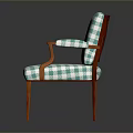 Blue And White Checkered Fabric Single Chair With Wooden Armrests And Legs