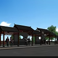 Traditional Chinese Style Roadside Bus Shelter With Roofed Waiting Area And Pedestrians