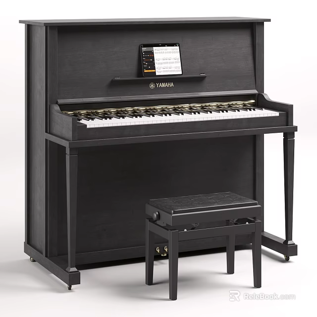 Black Yamaha Acoustic Piano With Stool And Music Sheet On Wooden Frame 3d model 