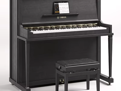 Black Yamaha Acoustic Piano With Stool And Music Sheet On Wooden Frame 3d model
