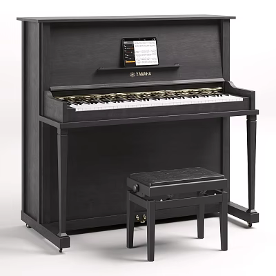 Black Yamaha Acoustic Piano With Stool And Music Sheet On Wooden Frame 3d model