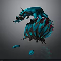 Blue Horned Mythical Animal Standing On Textured Glowing Structure With Small Blue Fragments Around