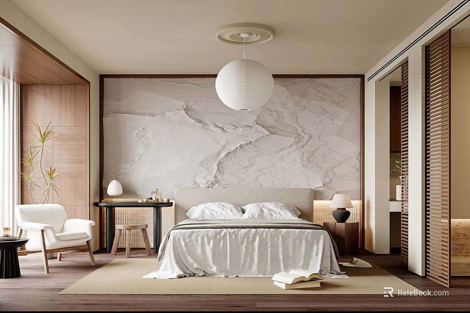 Minimalist Bedroom Interior With Marble Accent Wall White Bedspread Wooden Furniture And Round Pendant Light 3d model 