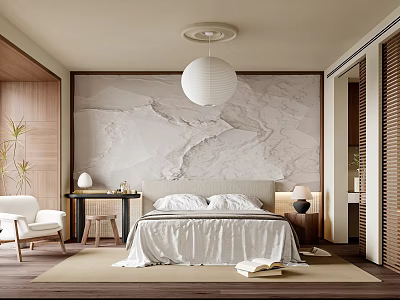 Minimalist Bedroom Interior With Marble Accent Wall White Bedspread Wooden Furniture And Round Pendant Light 3d model
