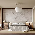 Minimalist Bedroom Interior With Marble Accent Wall White Bedspread Wooden Furniture And Round Pendant Light