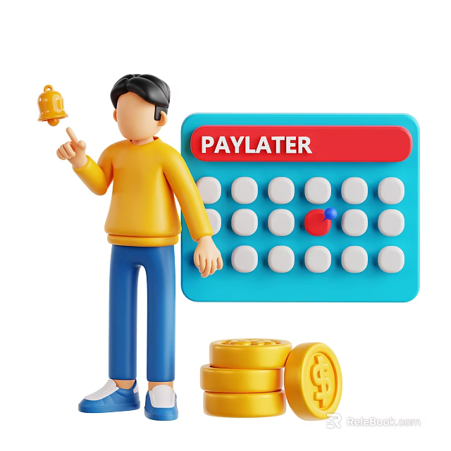Game Movie Character In Yellow Shirt Pointing At PAYLATER Device With Gold Coins 3d model 